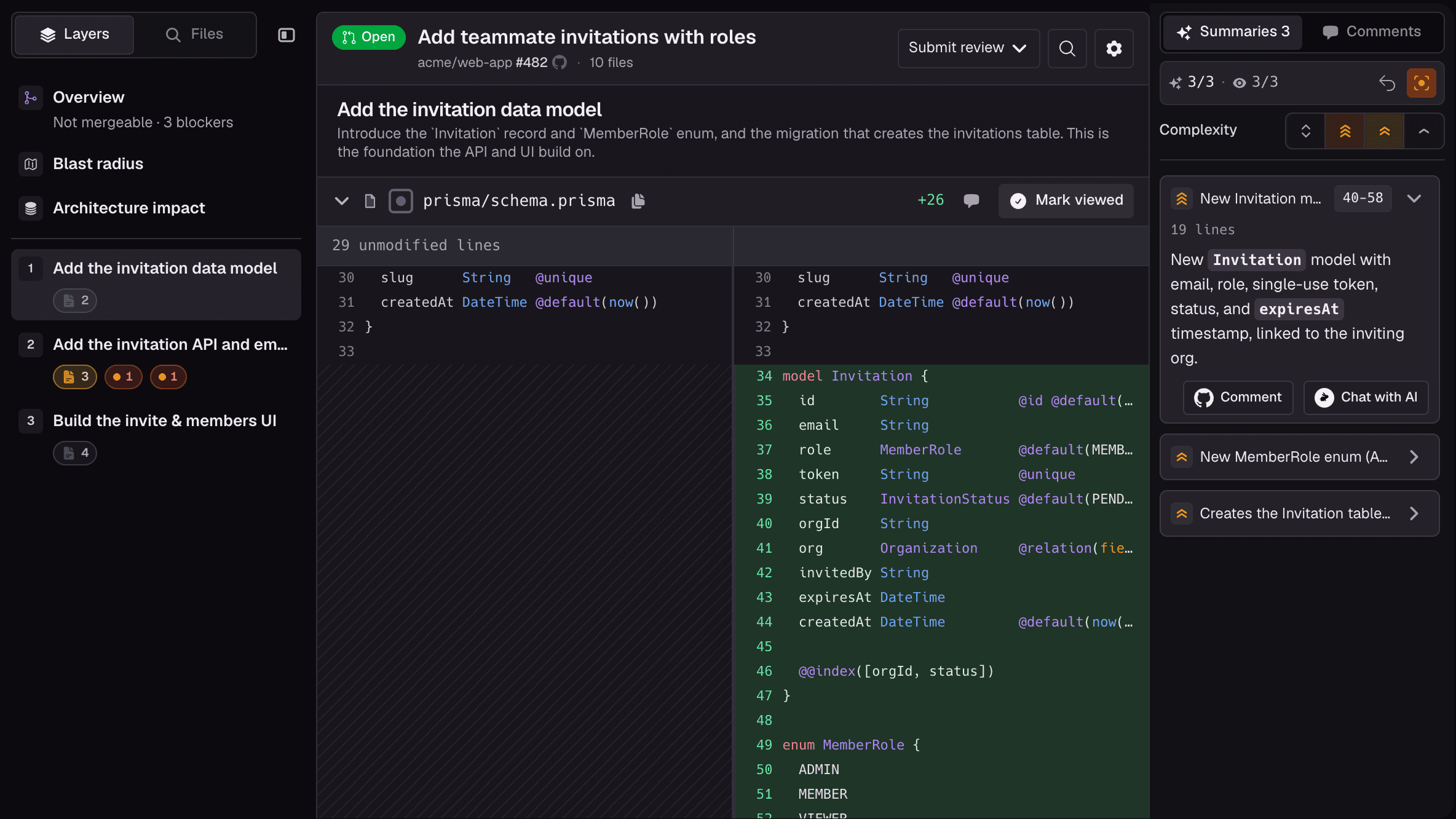 CodeRabbit review stack showing pull request layers, code changes, and review summaries