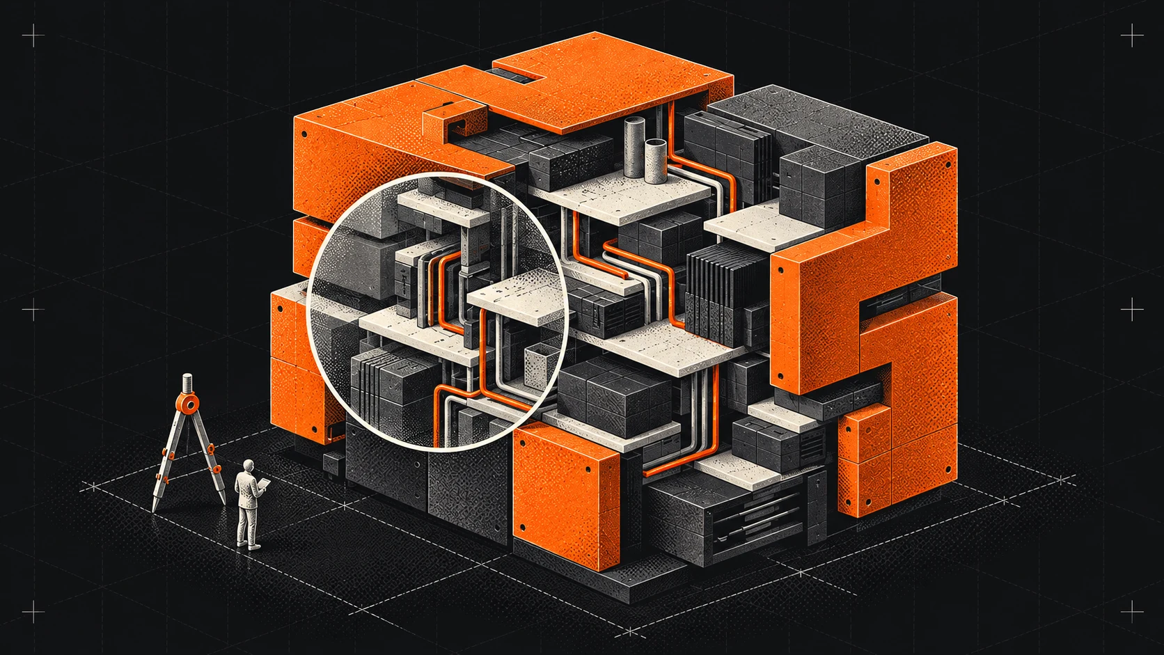 An orange and gray system cutaway with a magnifying glass revealing connected components.