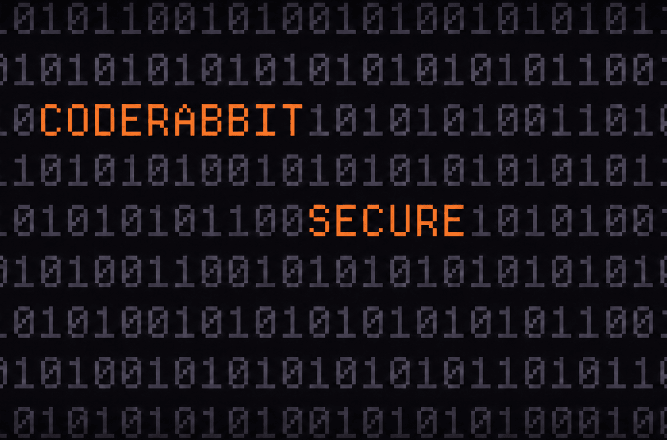 CodeRabbit Secure in orange pixel lettering against a field of binary digits.