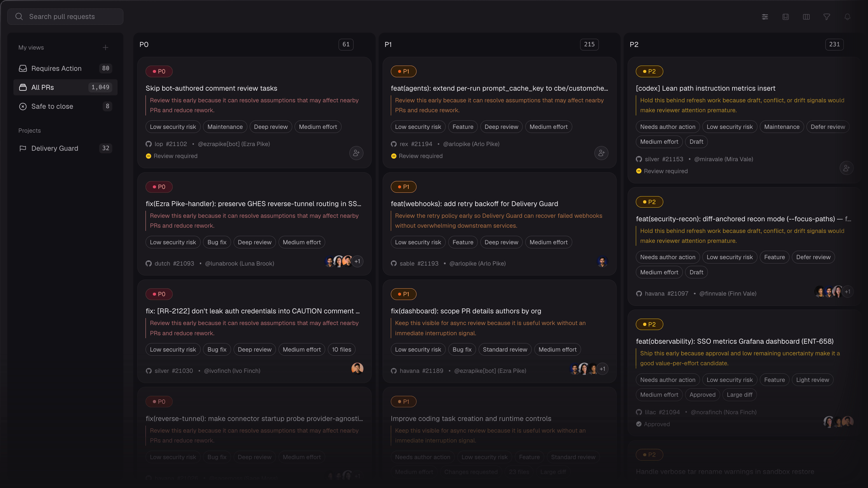 CodeRabbit Triage sample board showing pull requests grouped by priority, with review context and suggested reviewers.