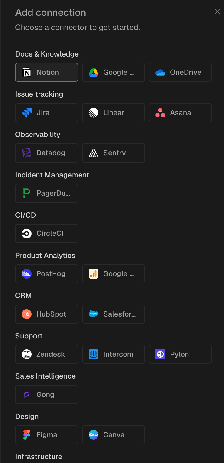 「Add connection」UIに、Notion、Jira、Datadog、Figmaなど各種連携先が表示されている。