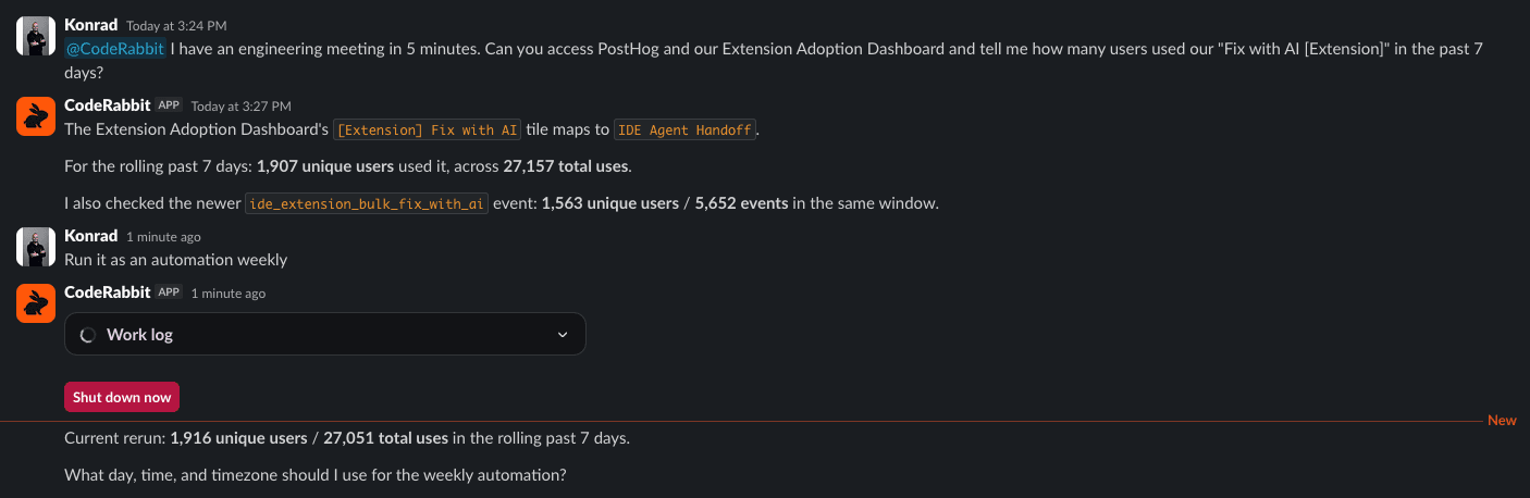 ダークモードのチャットで、Extension Adoption Dashboardのユーザーデータについて議論している様子。