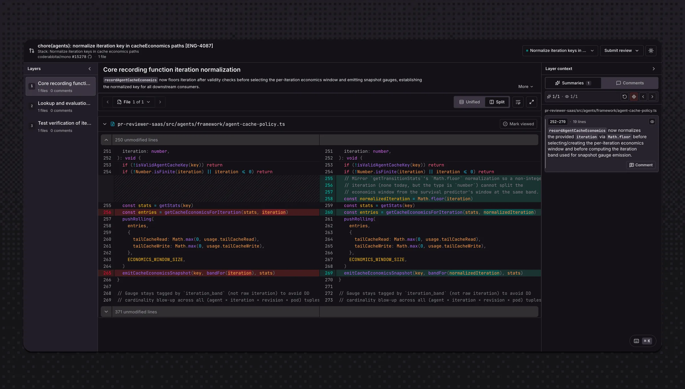 CodeRabbit Change Stack interface with ordered layers, a split code diff, and a summary tied to source line ranges