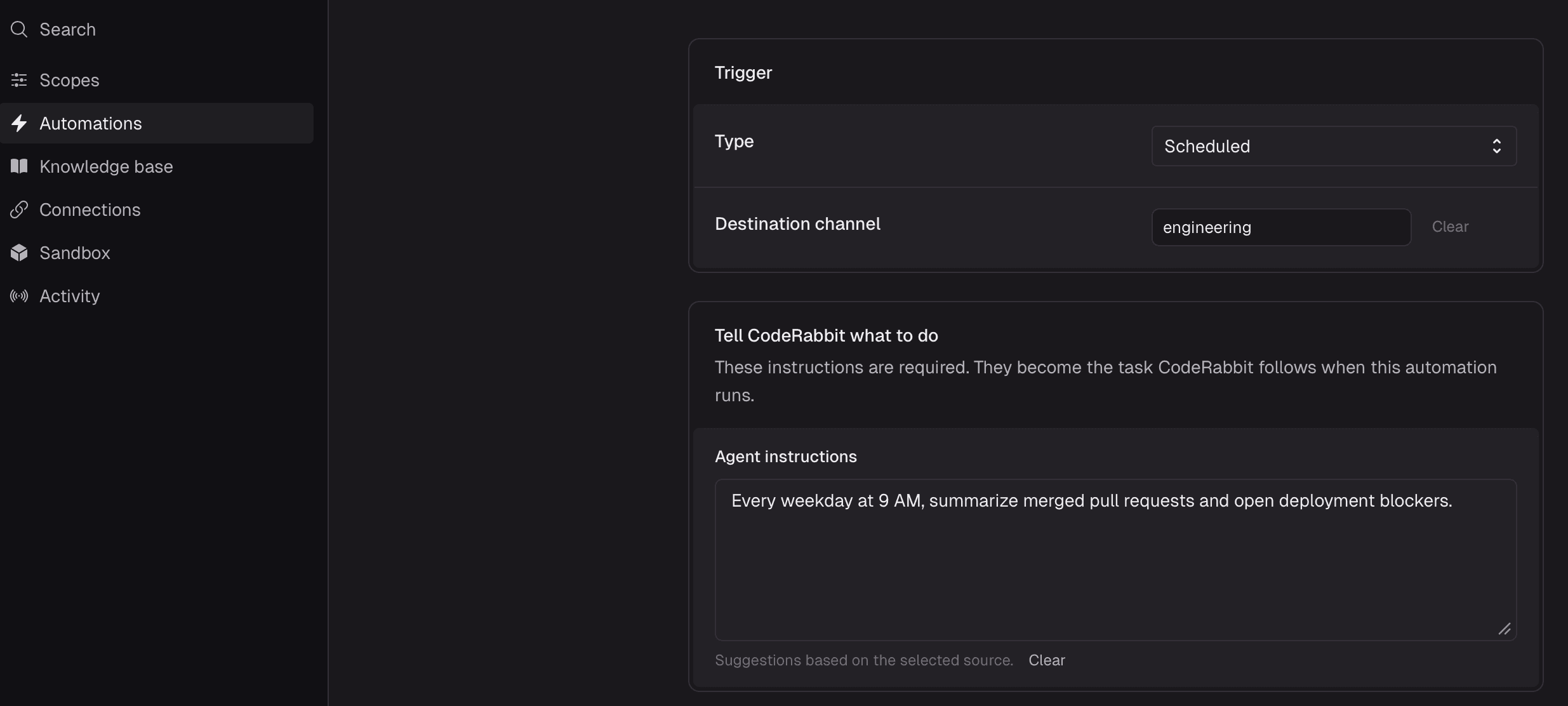 Automation setup with CodeRabbit Agent scheduled to summarize pull requests and open deployment blockers.