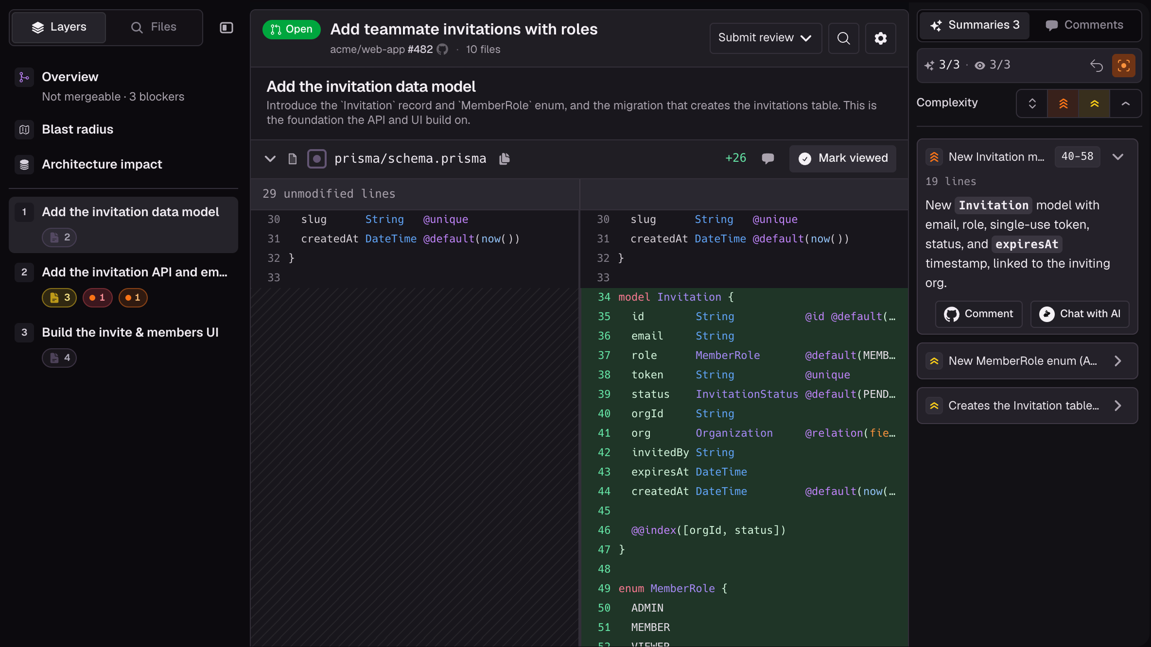 CodeRabbit review stack showing pull request layers, code changes, and review summaries