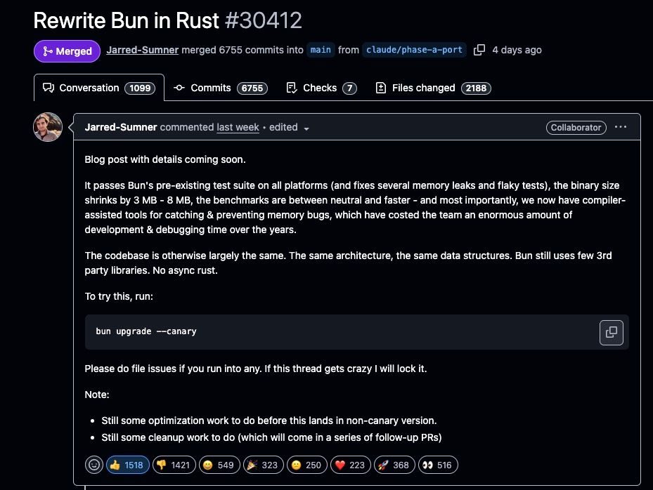 GitHub pull request for rewriting Bun in Rust, highlighting project details and benefits discussed.