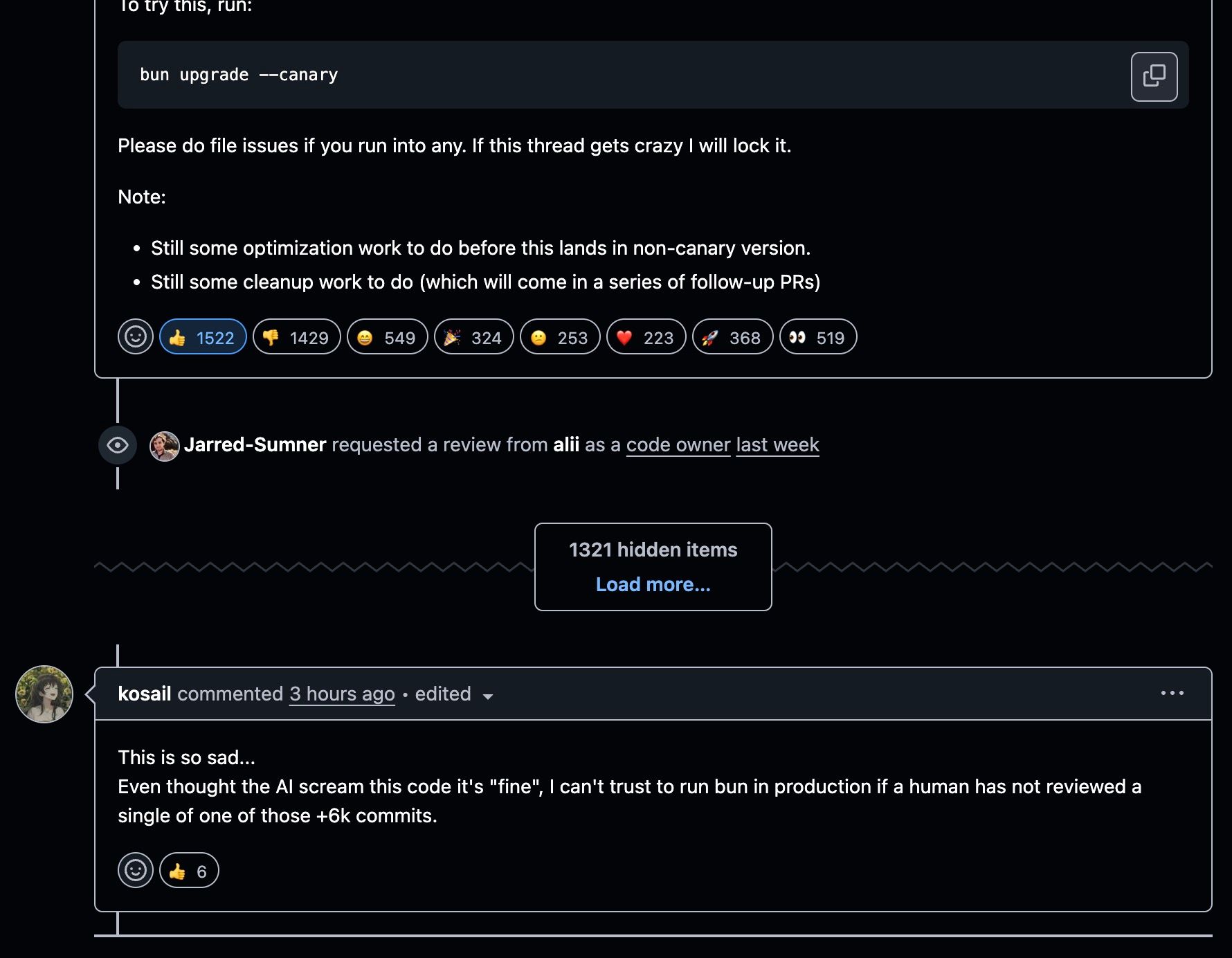 Dark-themed code review screenshot displaying feature upgrade, optimization notes, and a user's critical comment.