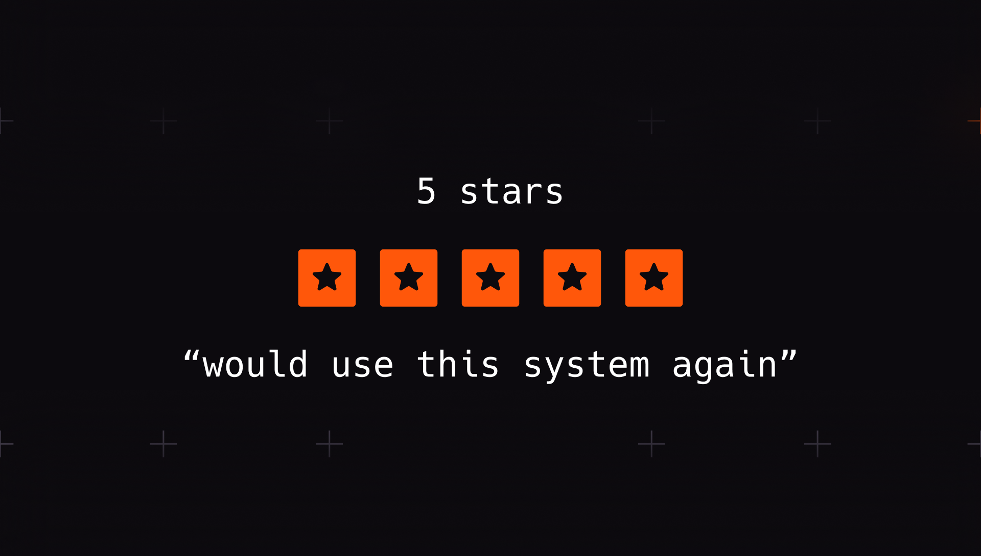 A five-star rating and the statement “would use this system again,” representing review of the overall system experience.