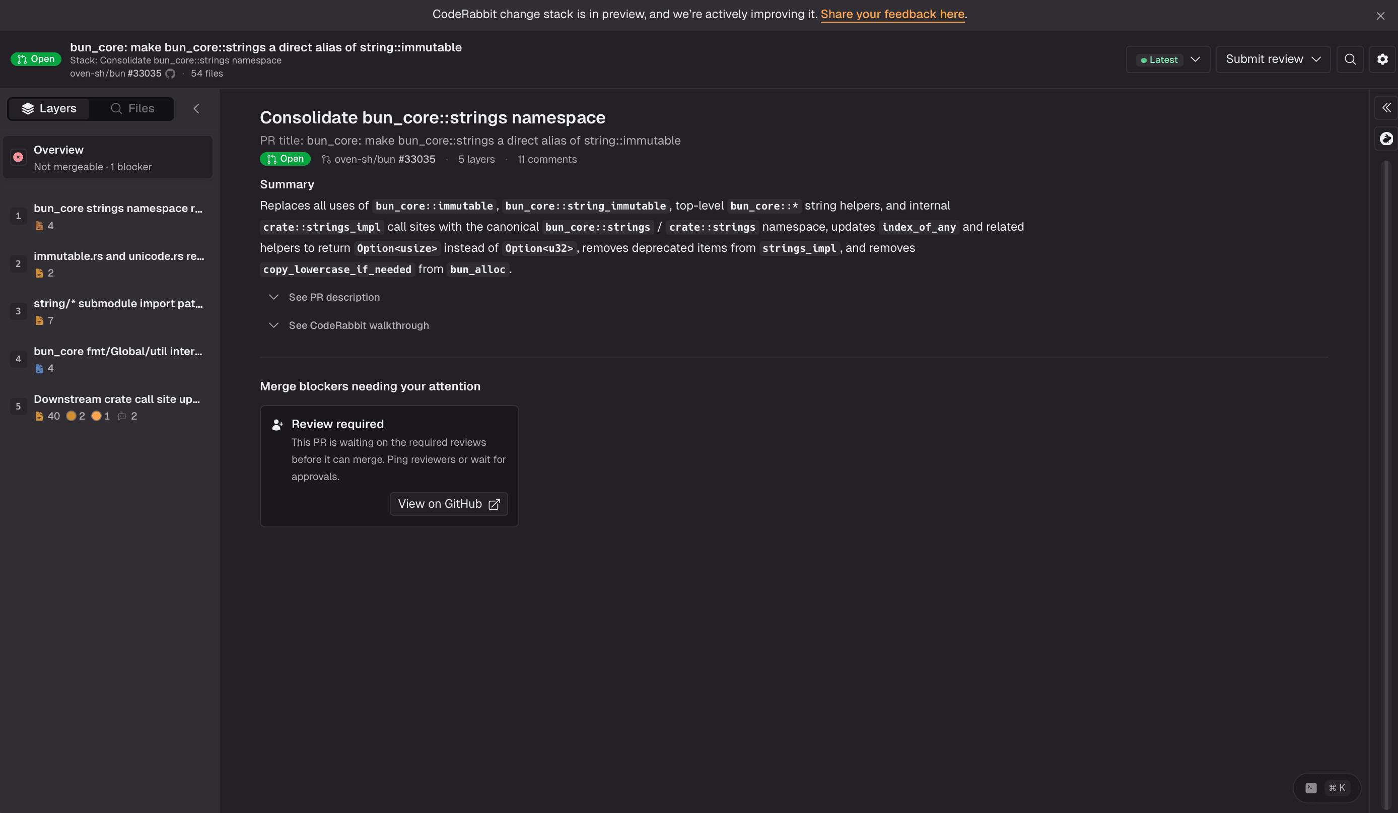 ダークテーマのコードレビューページに、「fish_core」名前空間を統合するPRが表示されている。