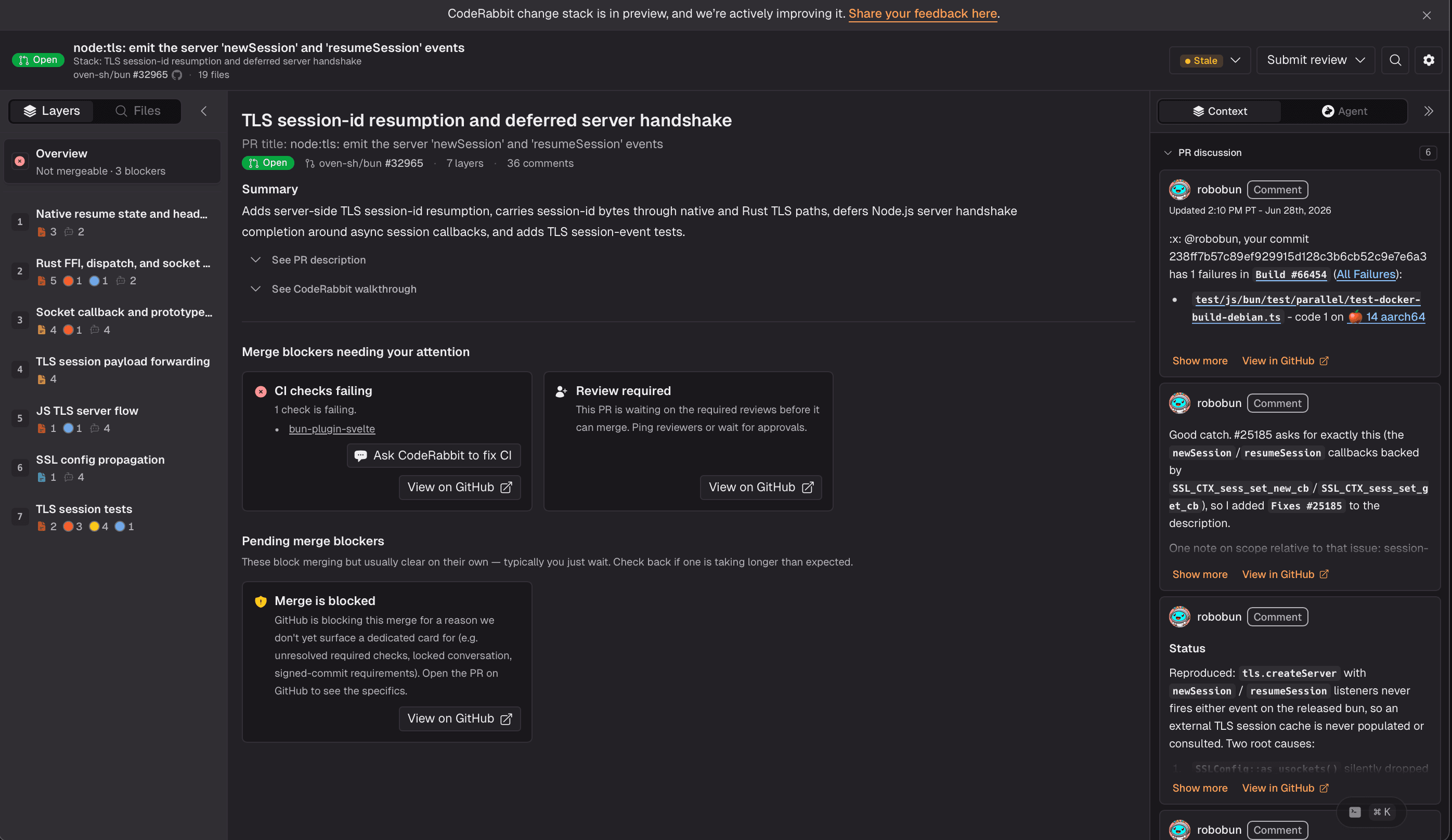 GitHubのチケットページに、ダークテーマで「TLS session ID resumption and deferred server handshake」が表示されている。