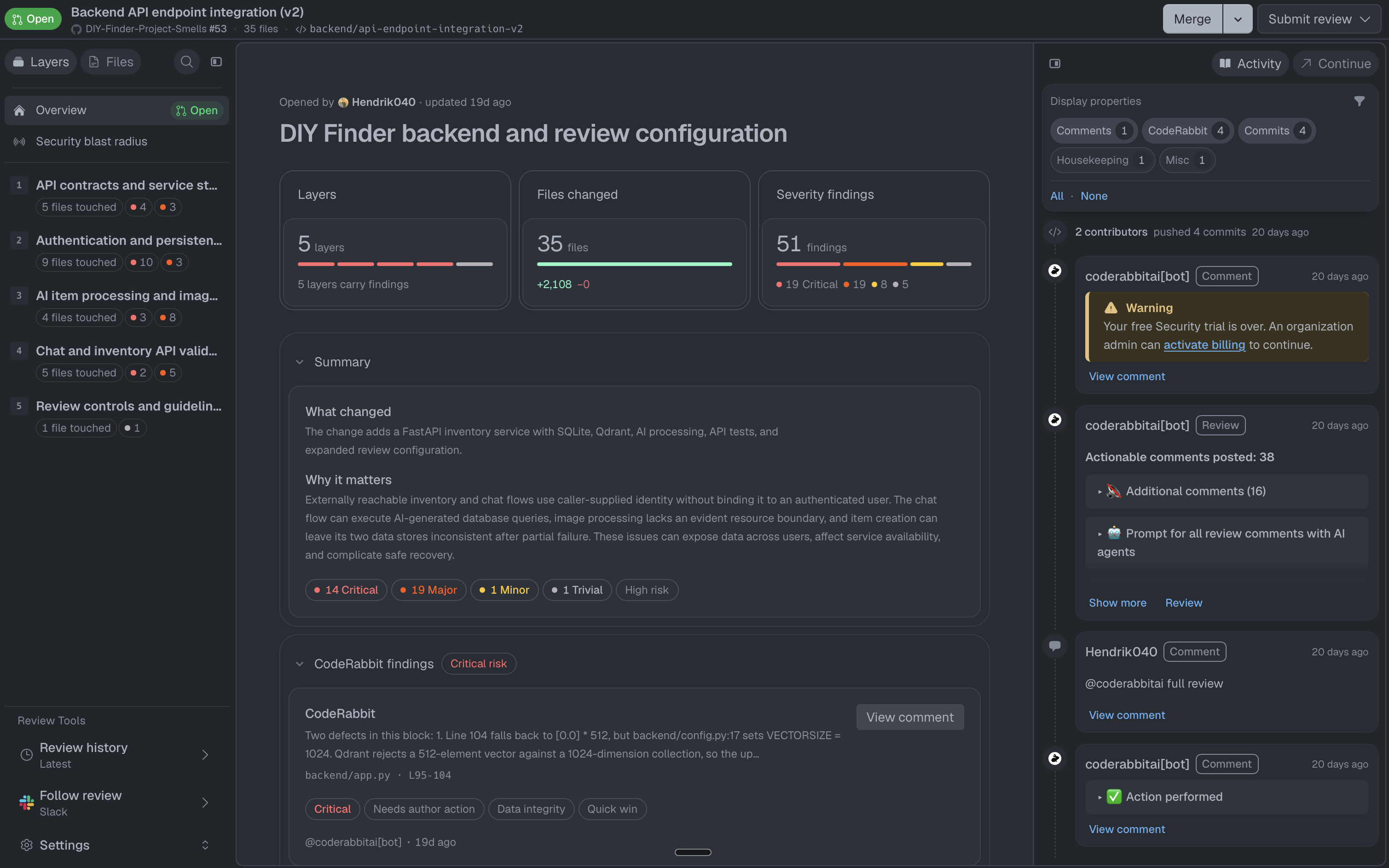 Change Stack overview of the DIY Finder backend pull request, with five semantic layers, 35 changed files, a summary of the changes, and review findings.