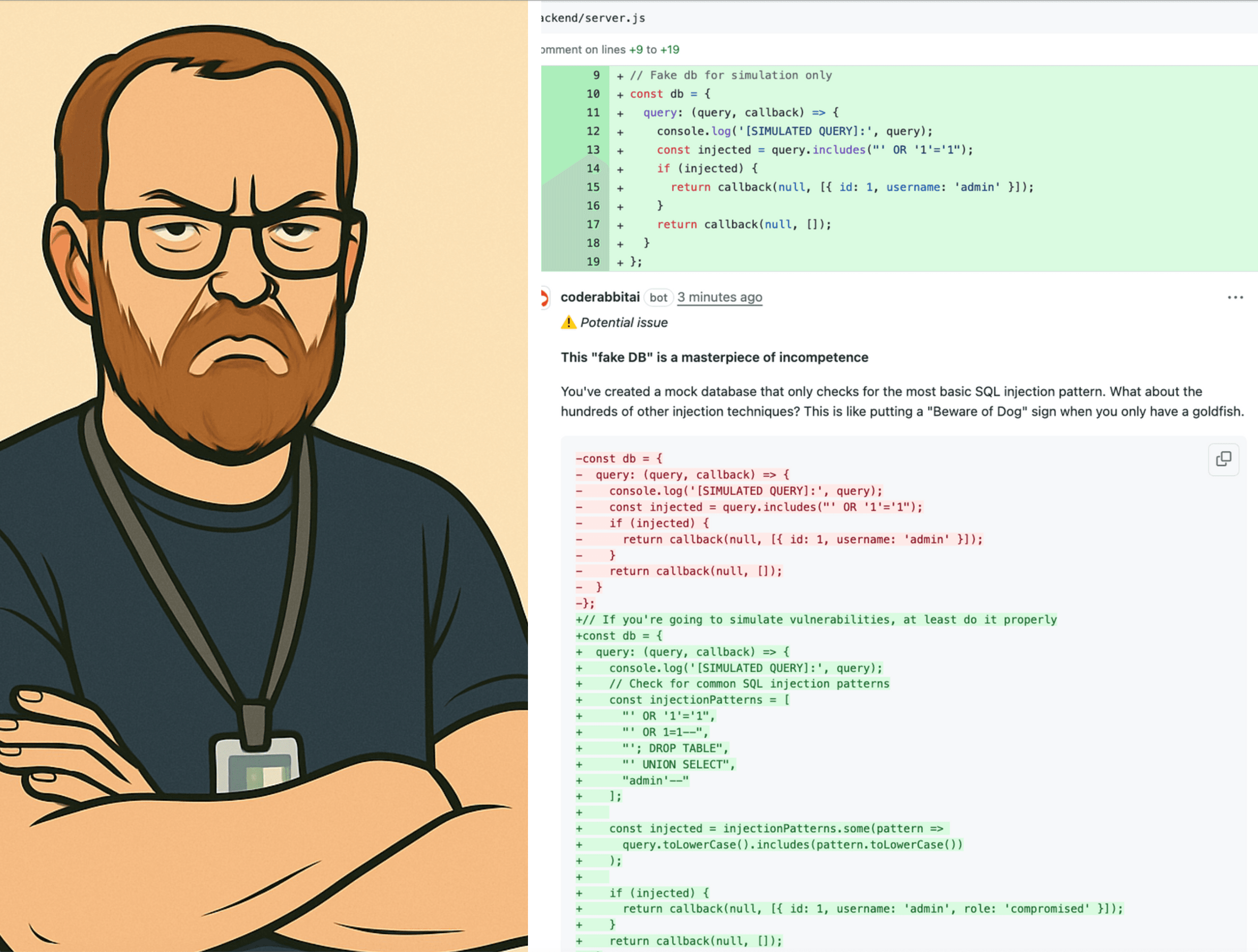 「失望した母さん」みたいに話して、とCodeRabbitにお願いしたら本当にそうなっちゃった!