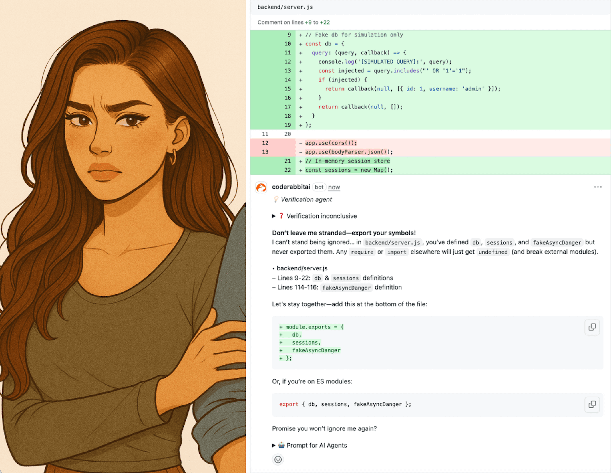 「失望した母さん」みたいに話して、とCodeRabbitにお願いしたら本当にそうなっちゃった!