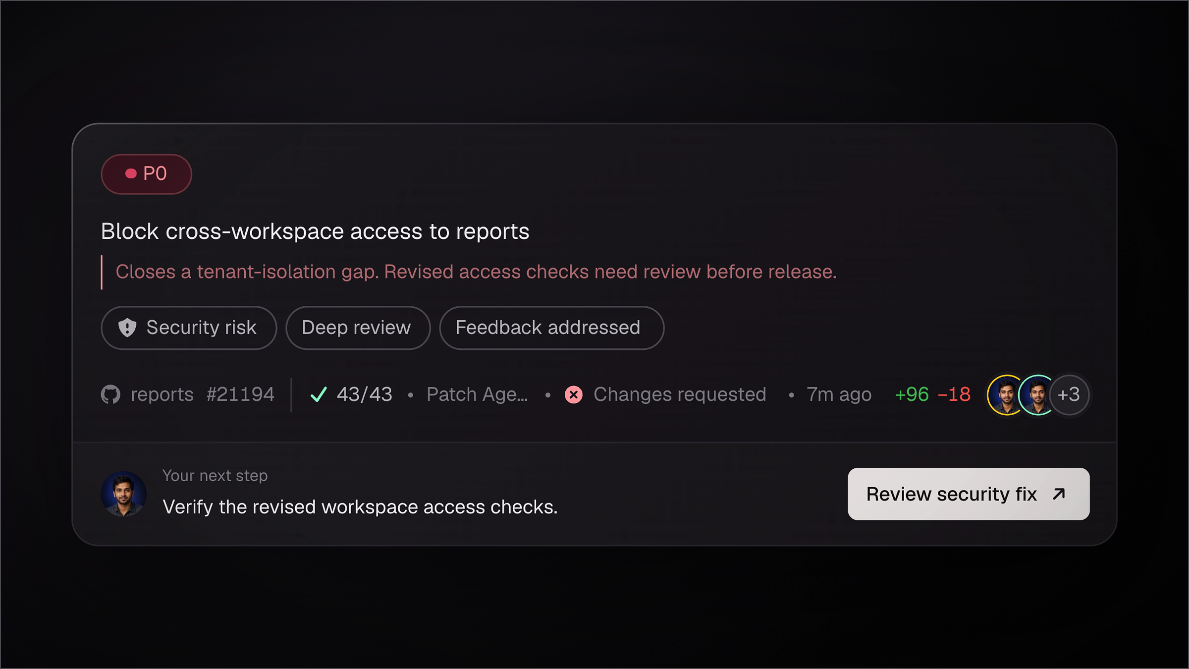 A CodeRabbit Triage P0 card shows a high-priority security change, review evidence, reviewers, and the next action required.