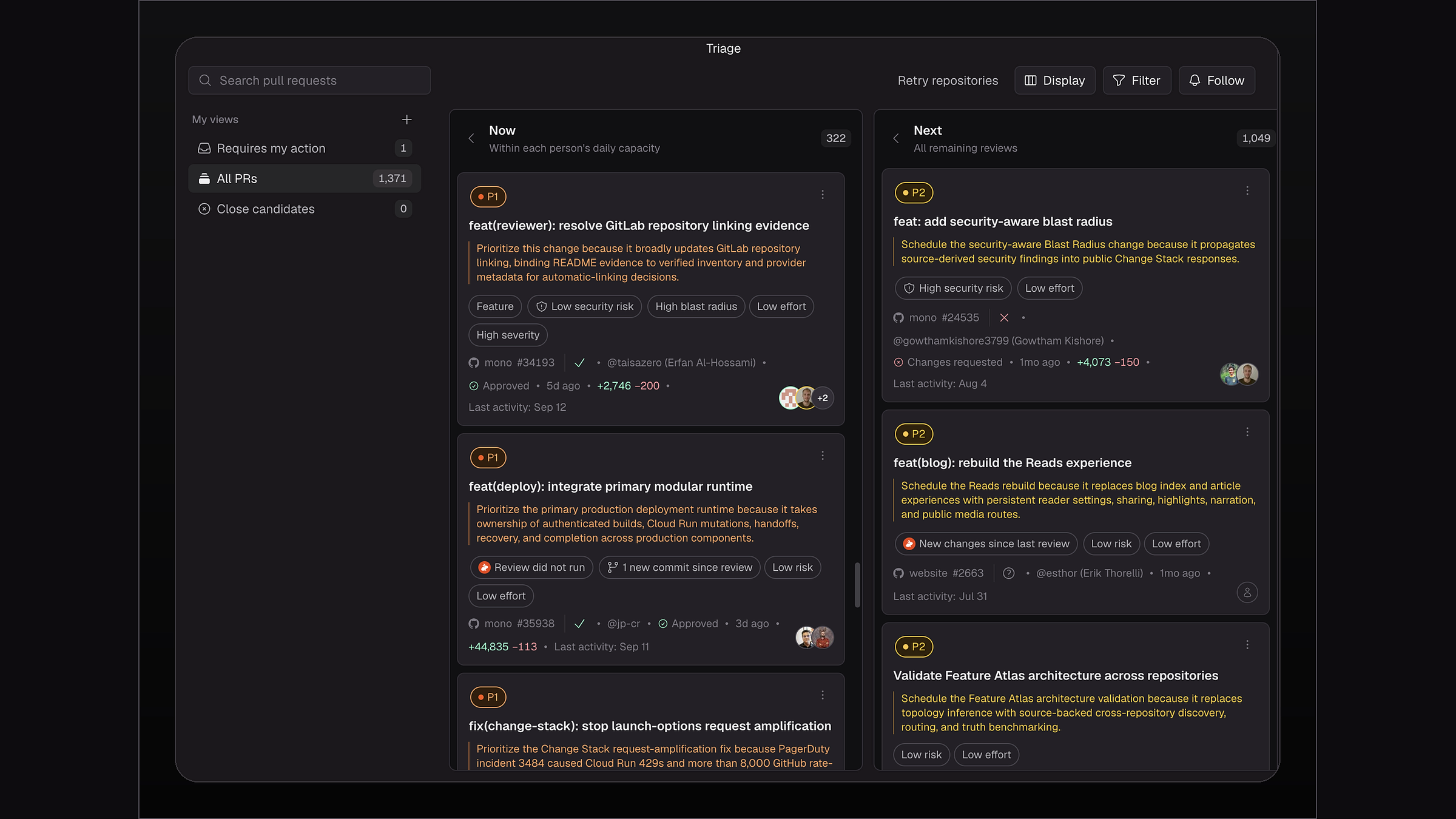 CodeRabbit Triage organizes pull requests into Now and Next columns with priorities, risk signals, review status, effort, and reviewer context.