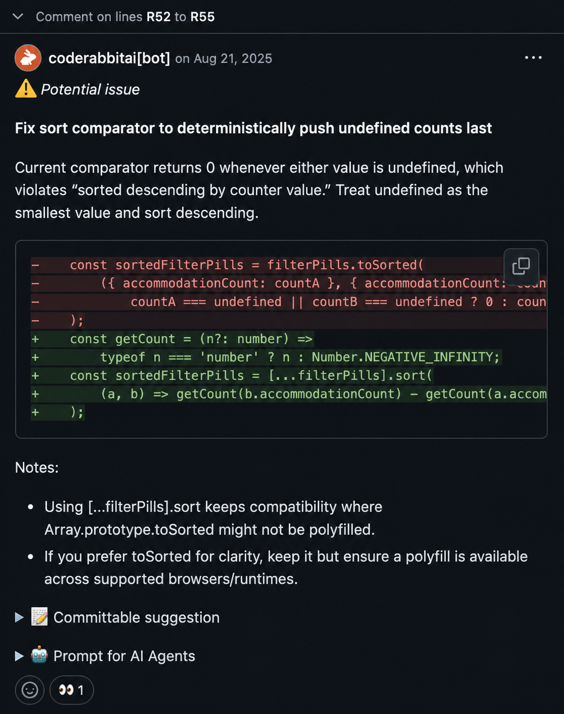 CodeRabbit warning that toSorted lacked support in some browsers.