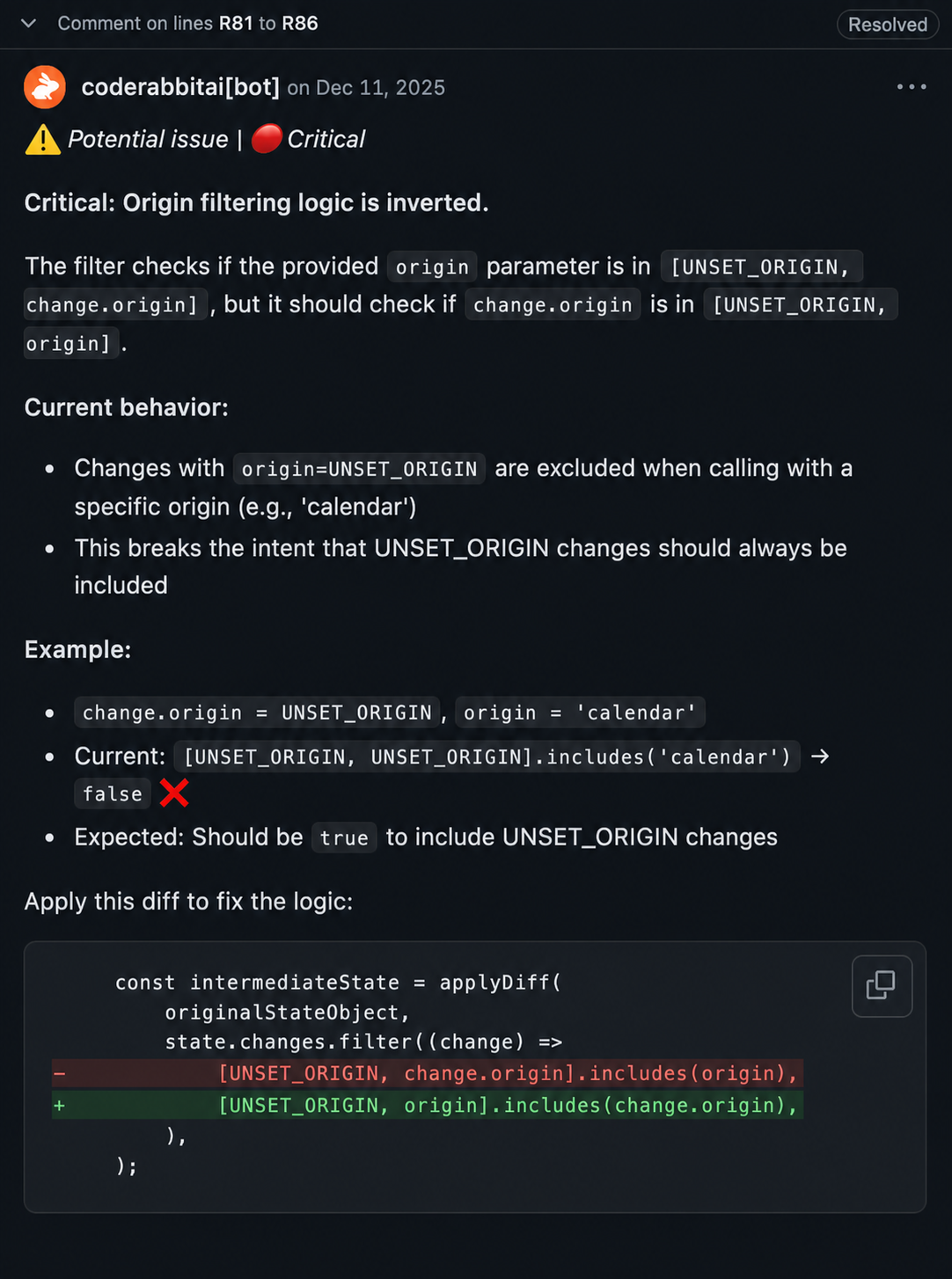 CodeRabbit review surfacing a state-management error that human reviewers missed.
