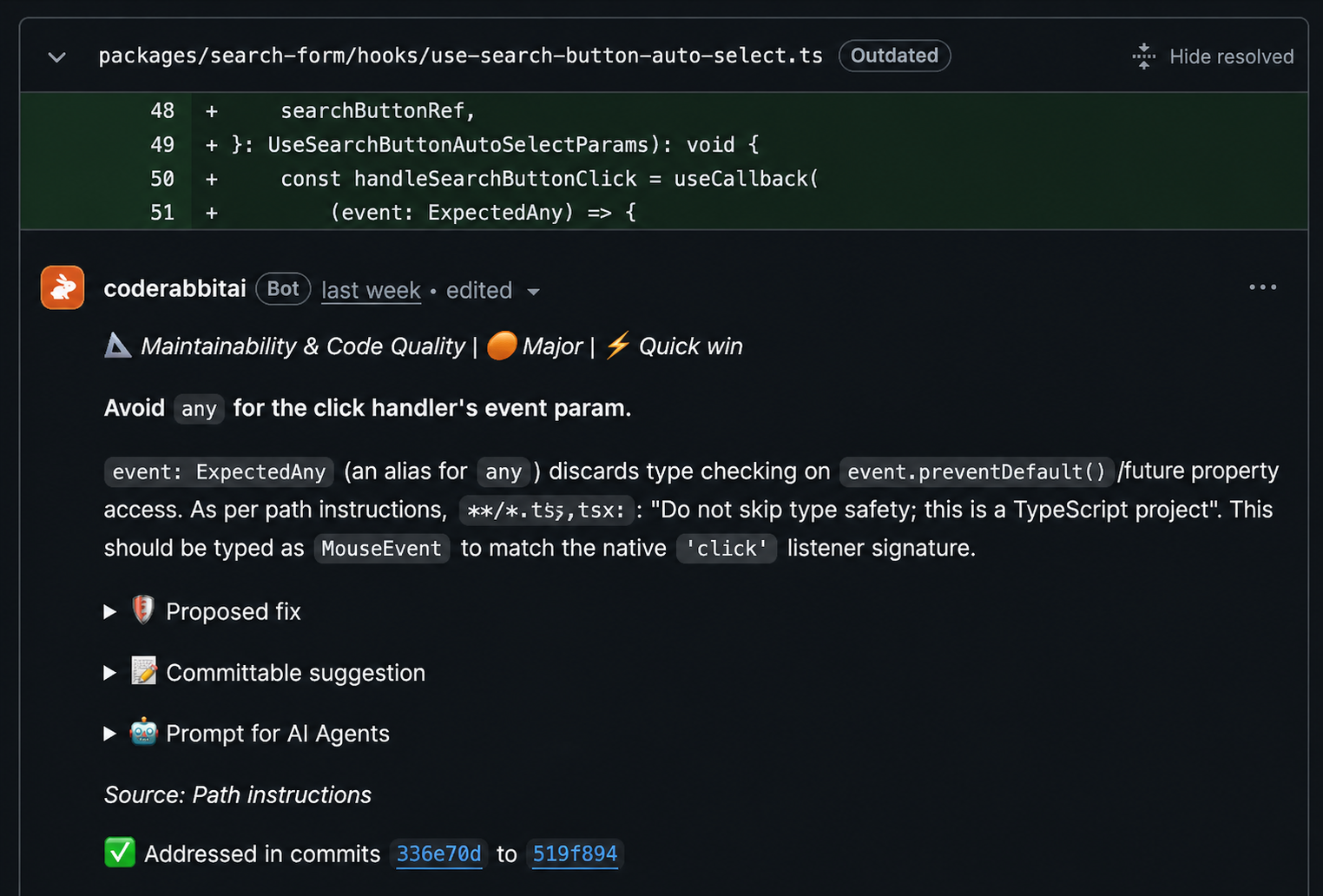 CodeRabbit review identifying an overly broad TypeScript type and recommending MouseEvent.
